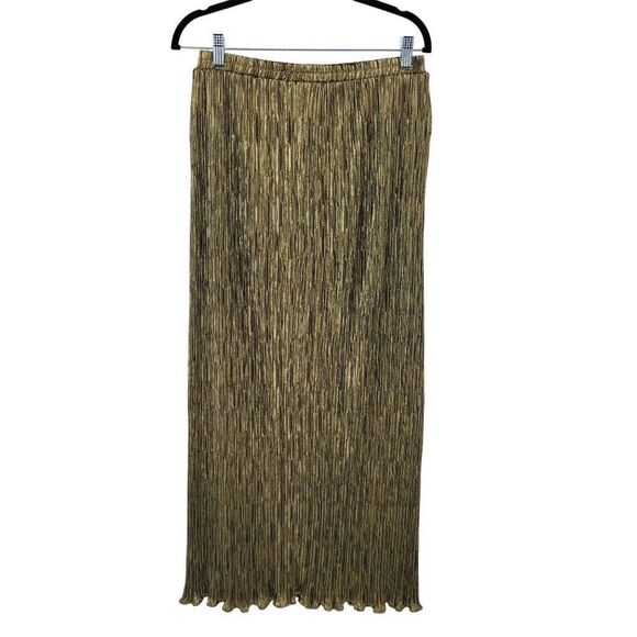 Vtg Patra Gold Lame Metallic Pleated Crinkle Maxi Skirt Sz 14 Elastic Waist Glam - Picture 1 of 10